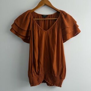 Express Rust Orange Layered Flutter Sleeve V-Neck Blouse